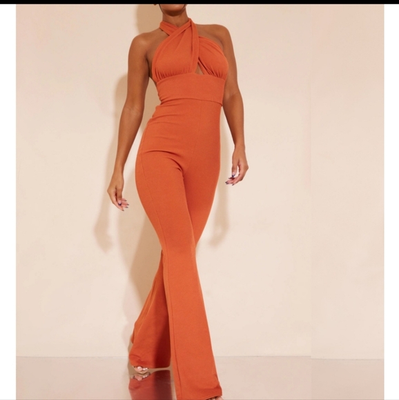 PrettyLittleThing Pants - Burnt Orange Ribbed Halter Jumpsuit